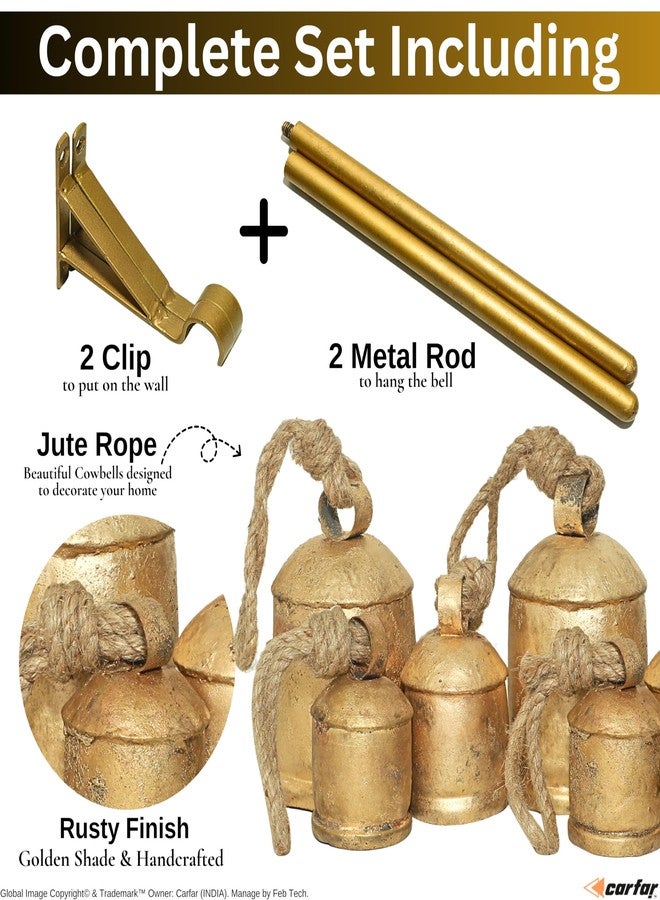 Carfar Rustic Gold Cow Bell Chime Set - Small 9-Bell Design on 2-Rod Hanging Bar with 2", 4", and 6" Vintage Bells for Home and Garden Décor - Image 3